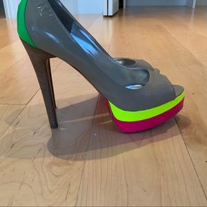 Ruthie Davis neon platform peep toe patent pumps